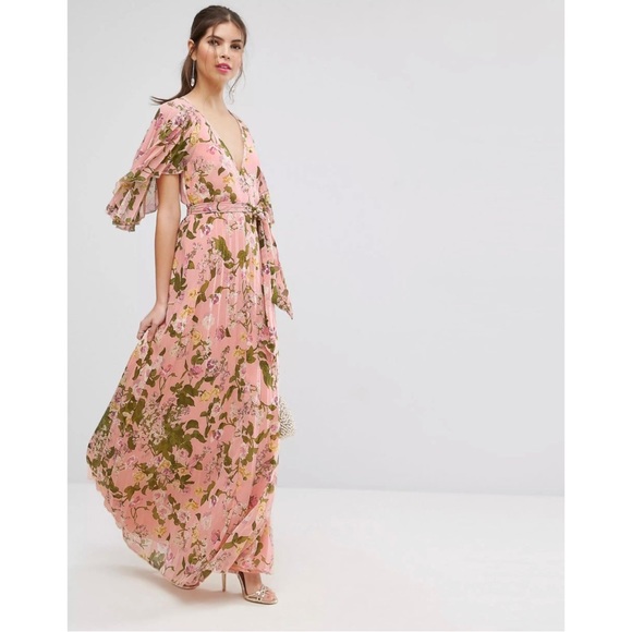 ASOS Floral Pleated Flutter Sleeve Maxi Dress Size 2 Pink Terracotta Rose Design - Picture 4 of 13